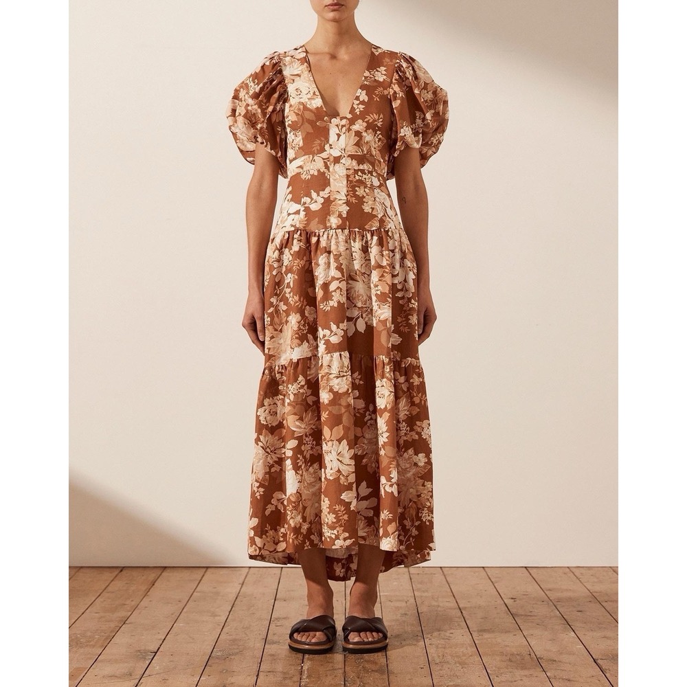Shona Joy Capucine Plunged Short Sleeve Midi Dress‎ Size 2 US Brown White Linen